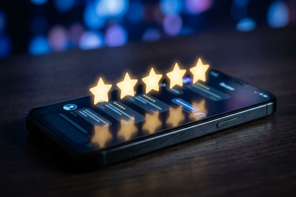 Smartphone showing a five-star Google review interface with owner reply bubbles