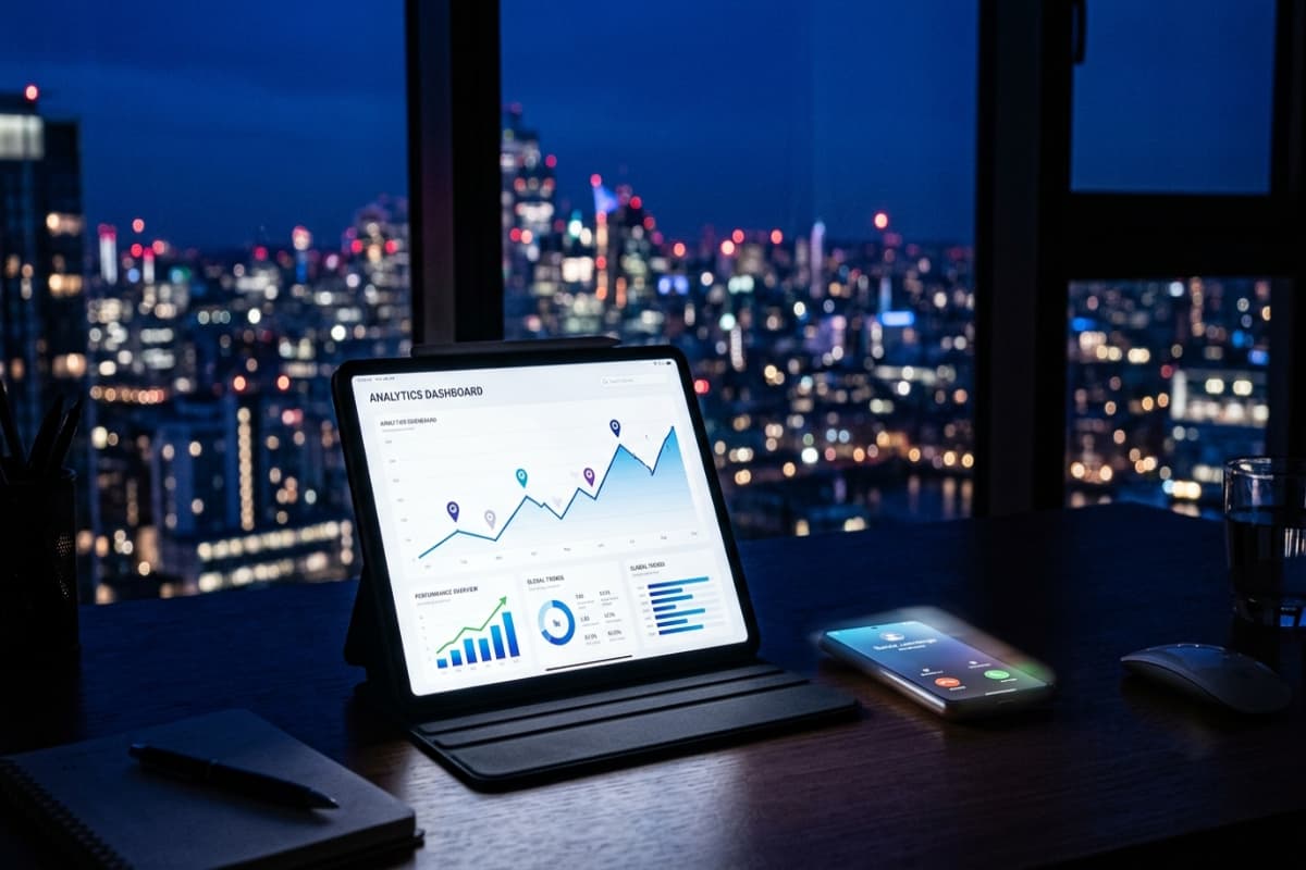 Tablet showing local SEO analytics with rising chart and incoming call notification on phone