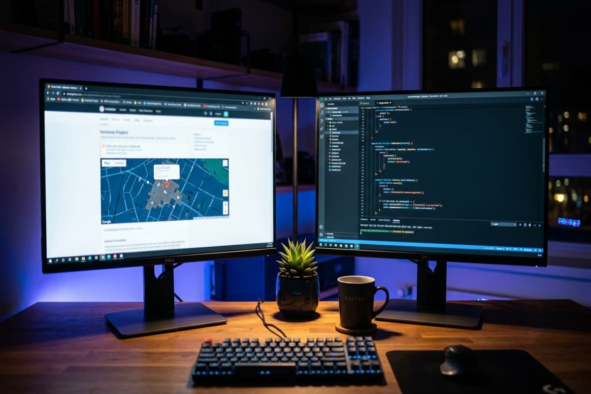 Workstation showing a local business website with embedded map and LocalBusiness schema code