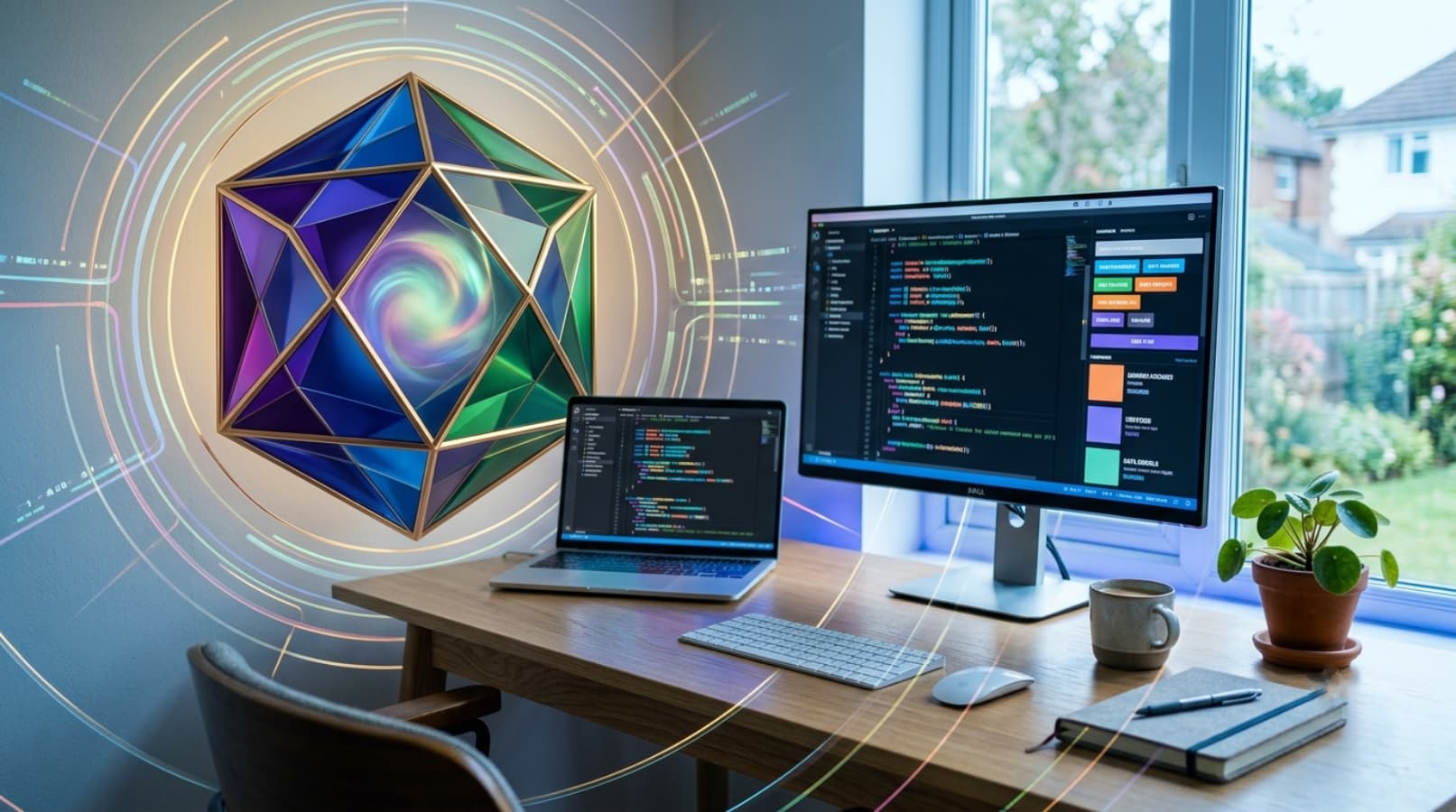 Modern developer workspace comparing Next.js and React in 2026