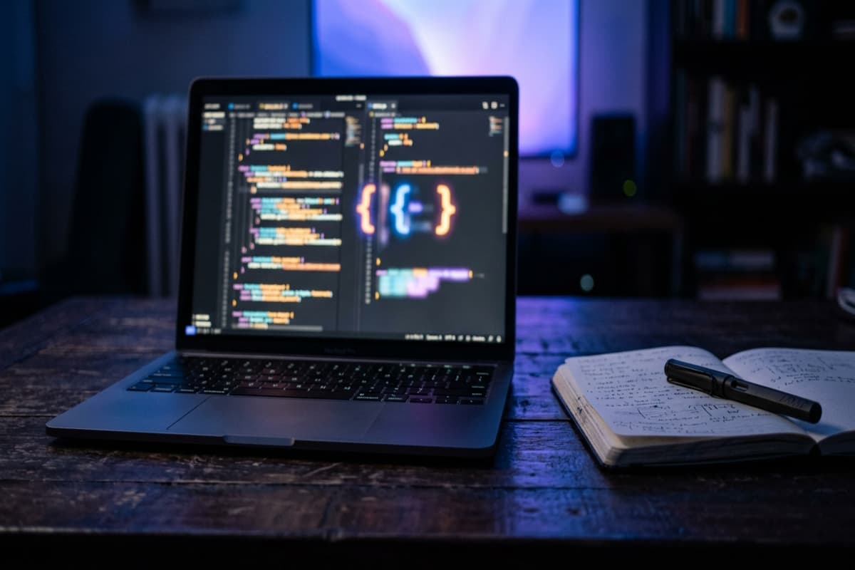 Laptop on a dark desk showing a blurred code editor with glowing curly-brace code blocks and a notebook beside it