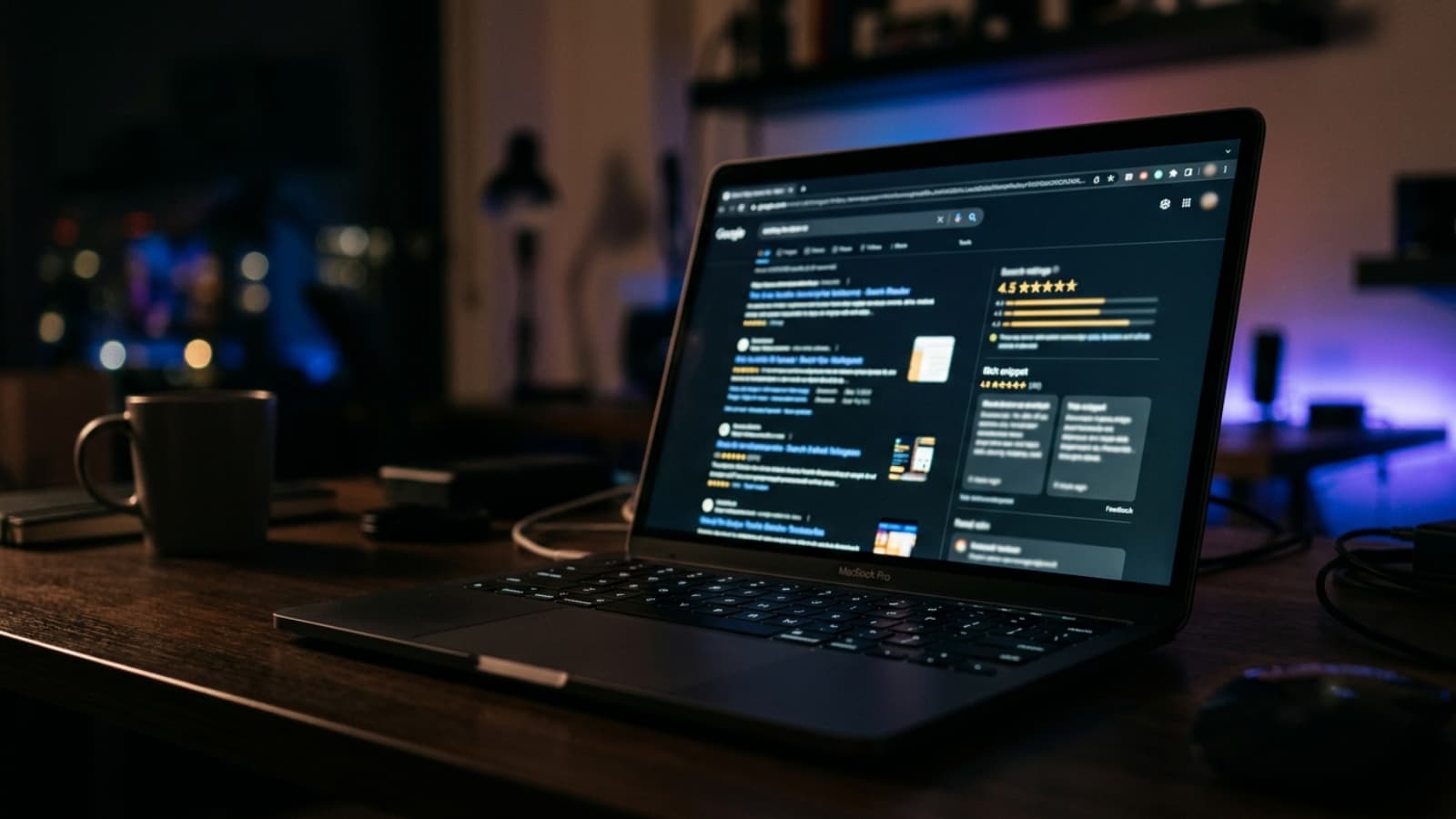 Laptop on a dark desk at night showing a blurred search engine results page with glowing star ratings and rich snippet cards