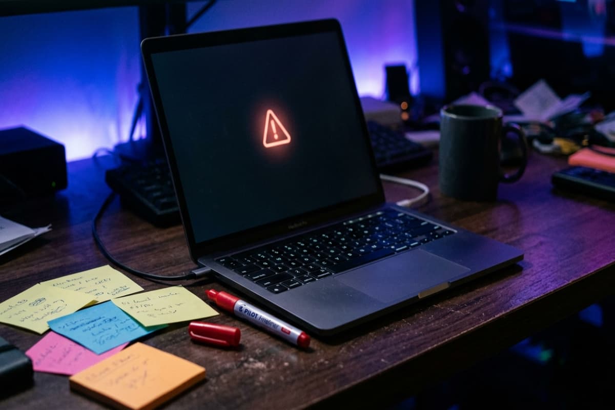Dark desk scene with a laptop showing a faint glowing warning icon on screen and scattered sticky notes nearby