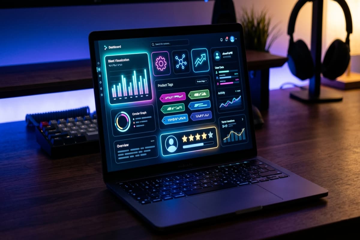 Laptop screen showing abstract glowing UI cards representing business info, product tags, and a star rating icon arranged like a dashboard