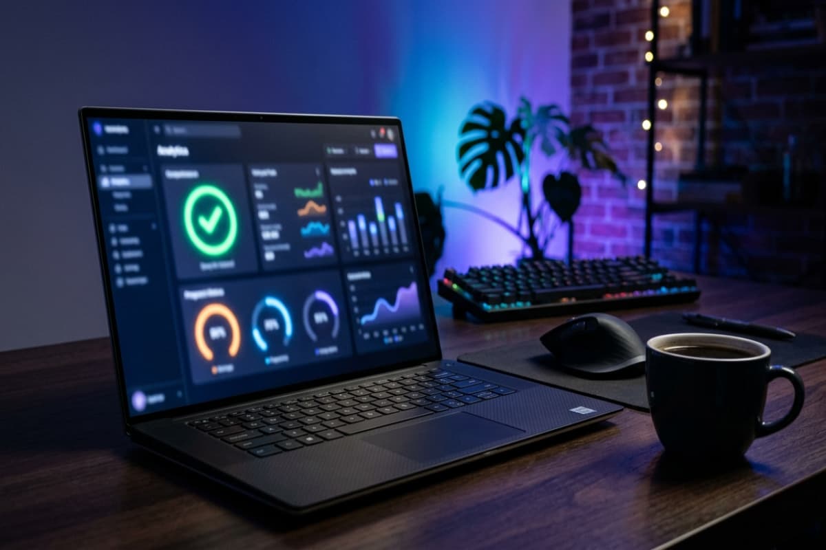 Laptop on a dark desk showing a blurred analytics dashboard with glowing checkmark and progress-ring graphics