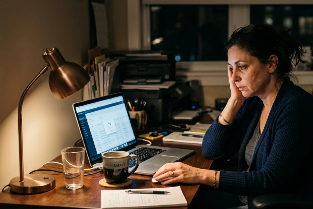 Business owner waiting at a laptop while a website admin dashboard loads slowly at night