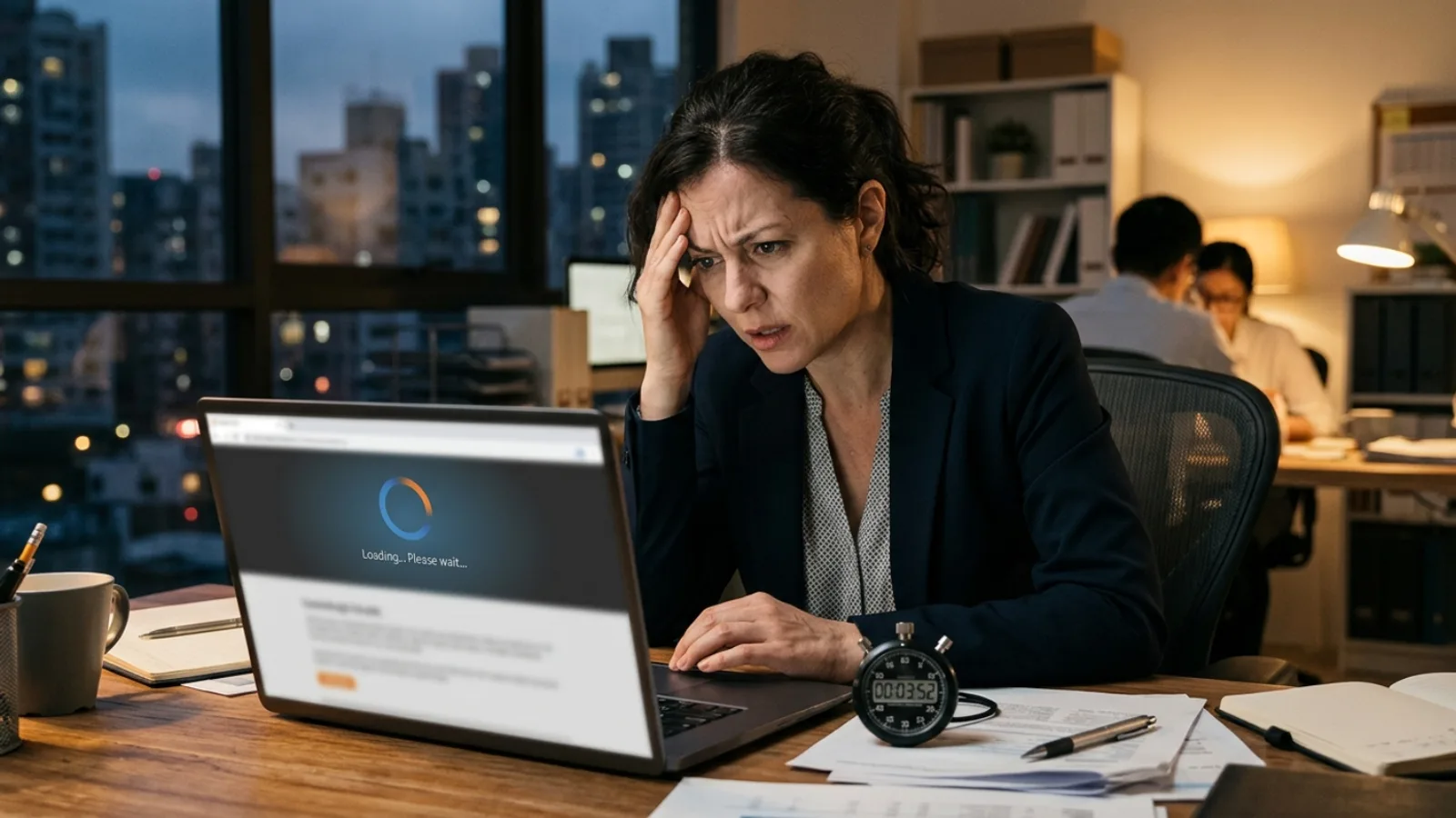 Frustrated business owner watching a loading spinner on a WordPress site beside a stopwatch