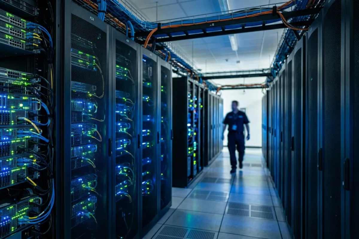 Server racks with glowing status lights in a modern data center aisle