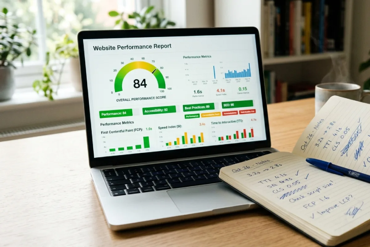 Laptop showing a website performance score report with metrics beside a notebook and stopwatch
