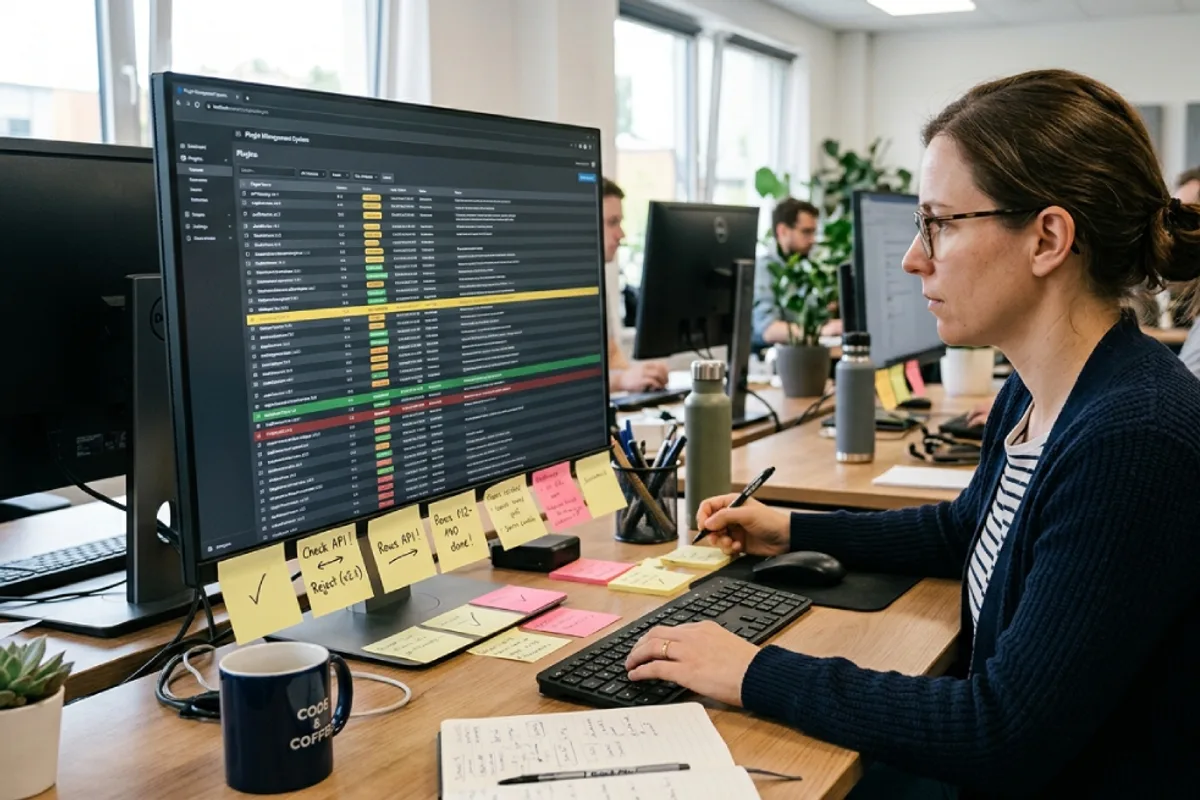WordPress plugins list on a monitor with several rows highlighted for review