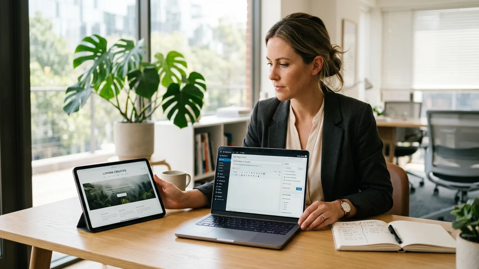 Business owner weighing Squarespace and WordPress on a laptop and tablet side by side at a bright desk