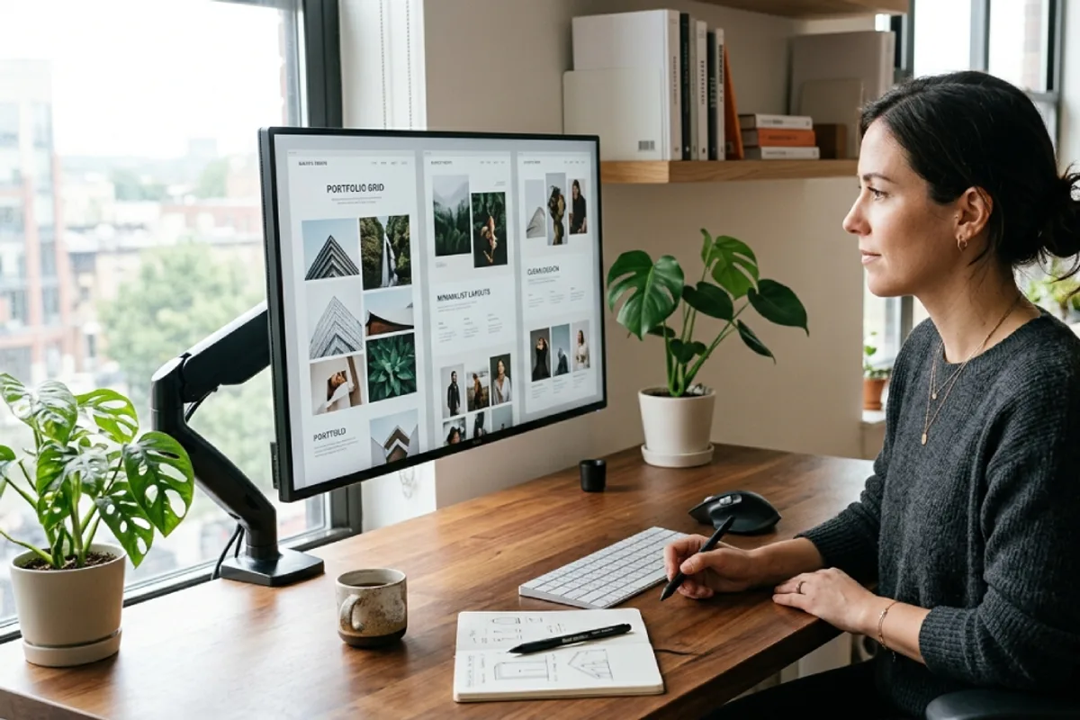 Designer reviewing elegant website template layouts on a large monitor in a bright creative studio