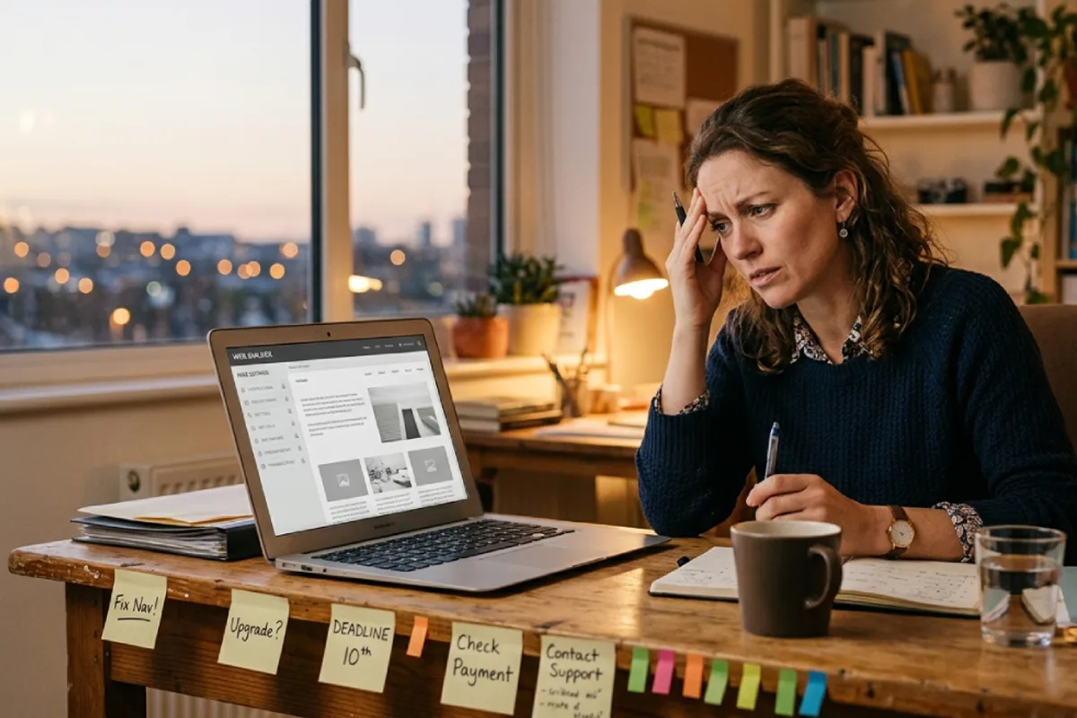 Frustrated business owner at a desk reviewing a website that needs features beyond the platform's options