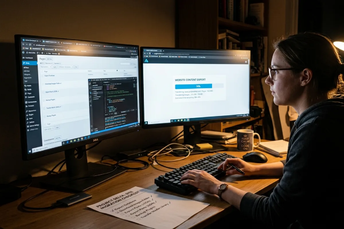 Developer at a dual-monitor workstation moving website content between platforms with a checklist in hand