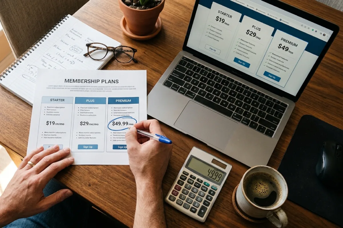 Desk with printed pricing plans, a calculator and a laptop showing subscription tiers for website platforms