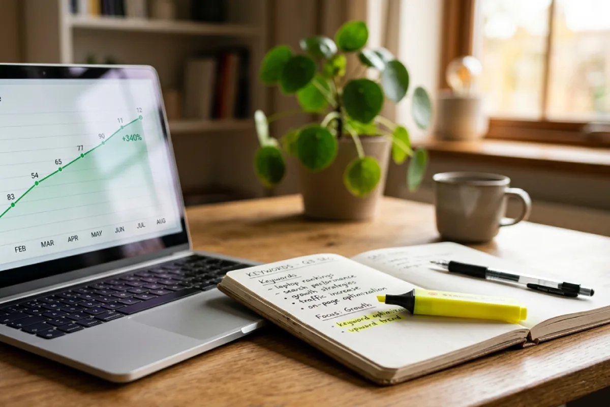 Laptop showing search rankings graph trending upward with SEO notes and coffee beside it