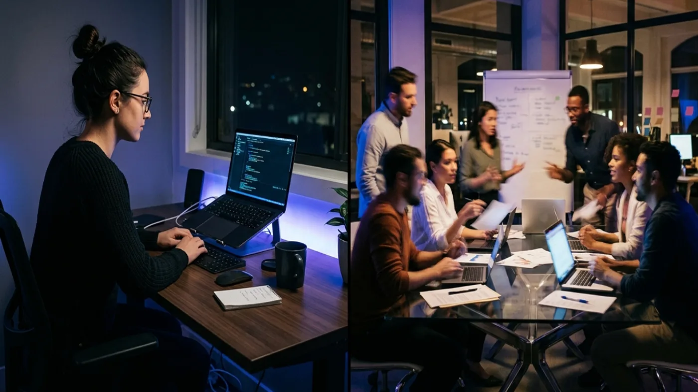 Small team collaborating around laptops at a table, representing the choice between freelancer, agency, and in-house web app development