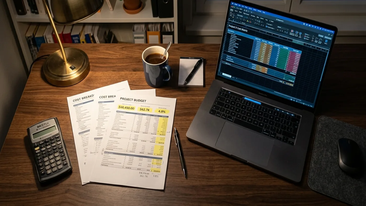 Calculator and pen on a desk with financial documents, representing planning and controlling a web app development budget
