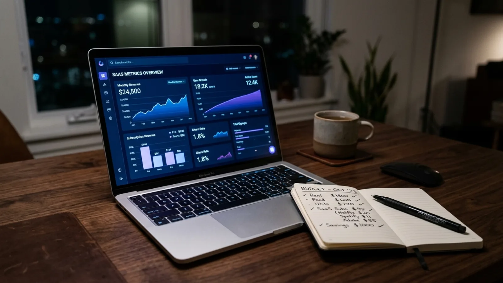 Laptop on a desk showing a dark analytics dashboard of a custom web application with charts and user metrics