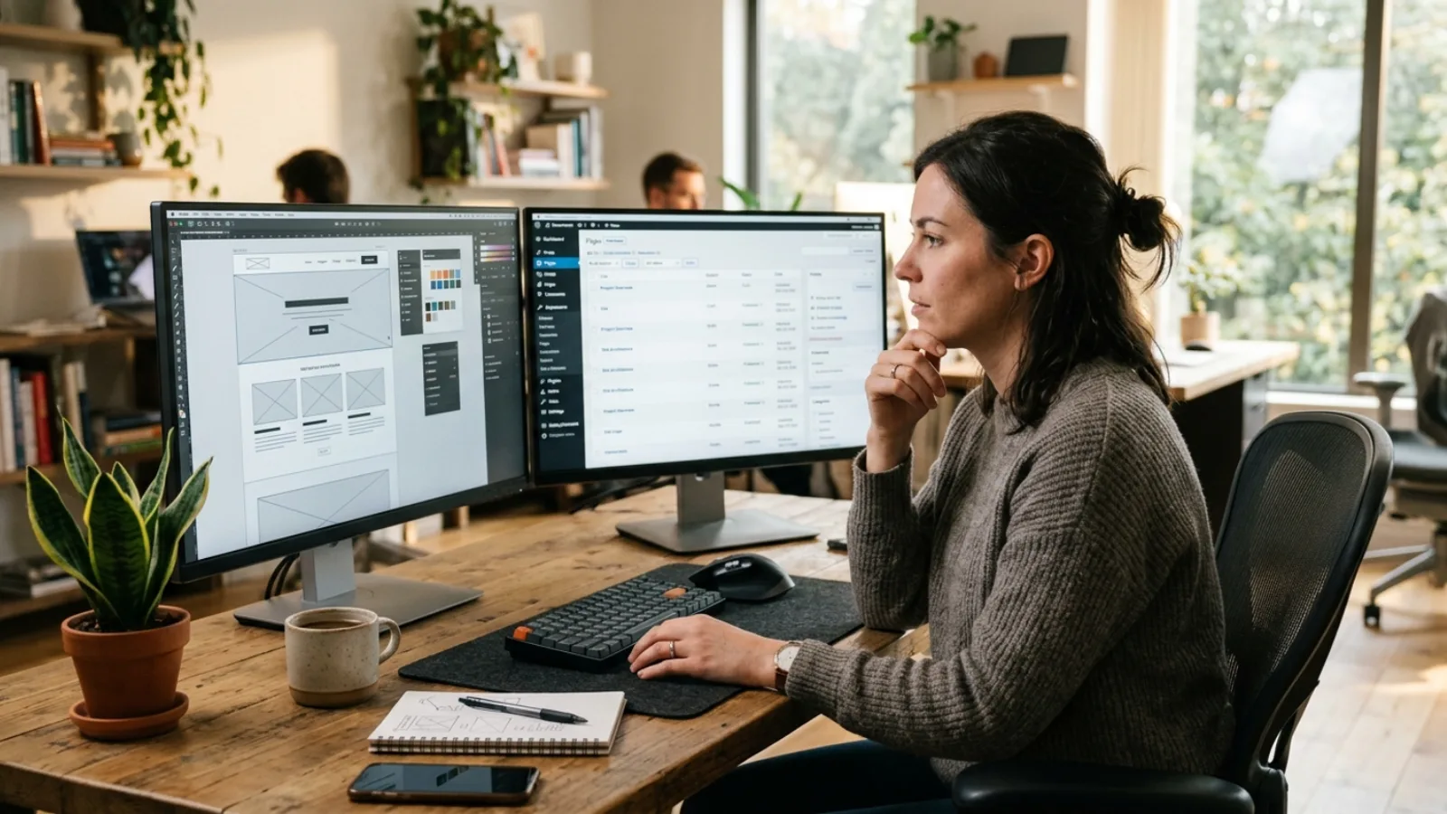 Designer comparing a Webflow visual editor and a WordPress dashboard on two monitors at a studio desk