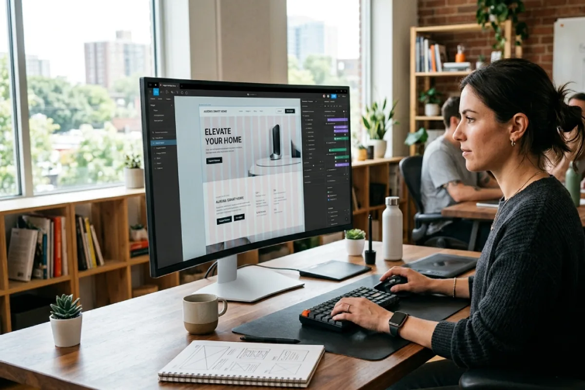 Designer building a polished animated landing page layout on a large monitor in a modern studio