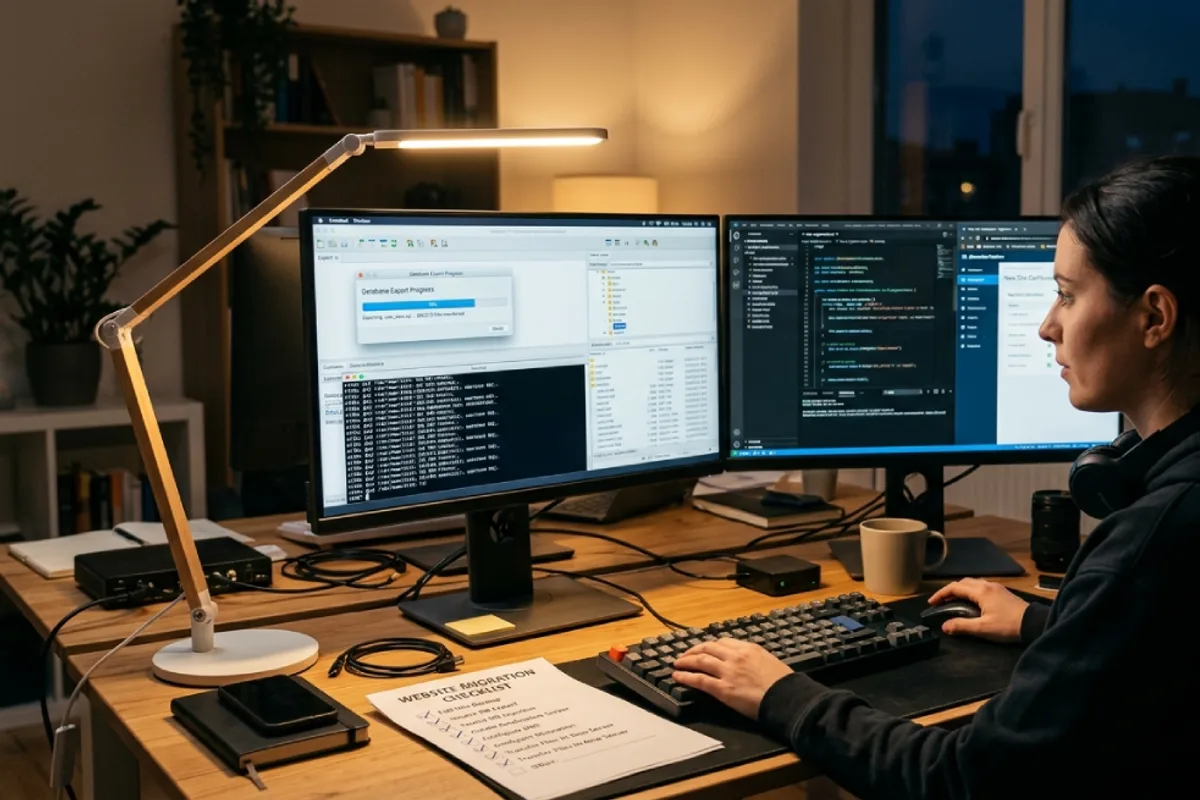 Developer at a dual monitor desk moving website content between two platforms with a checklist