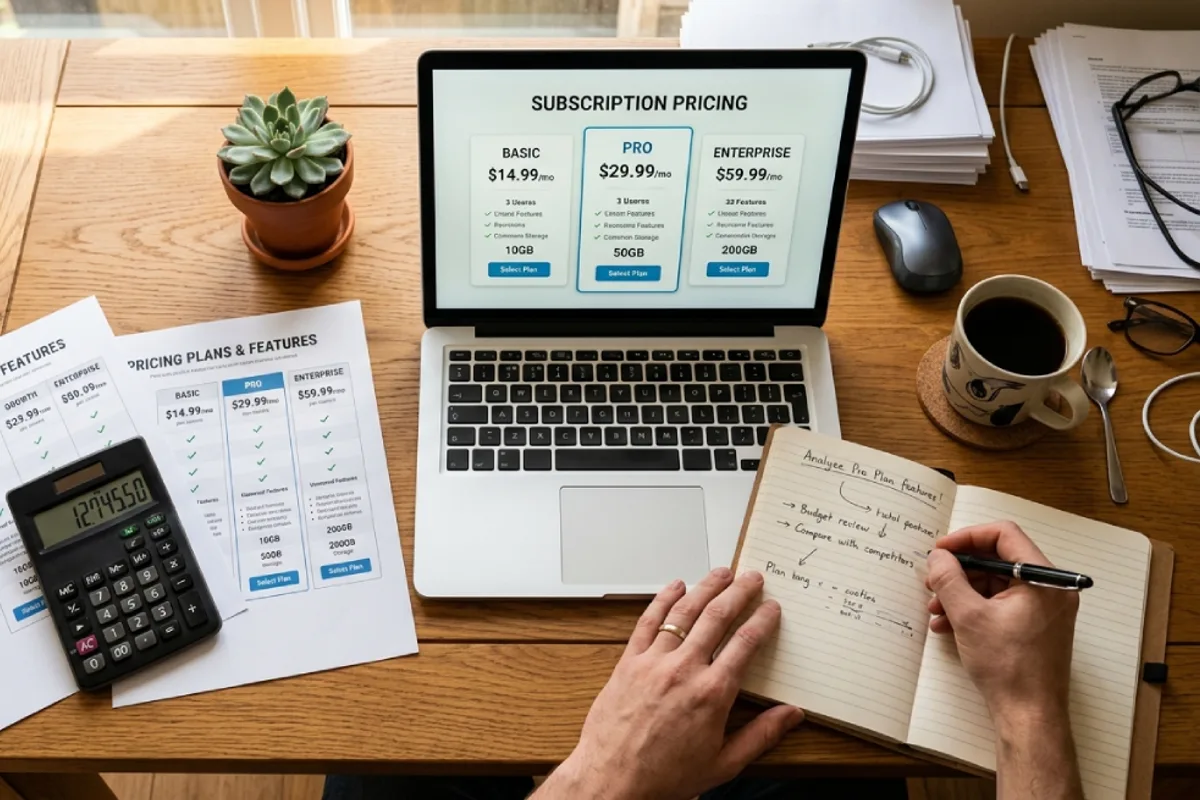 Calculator and printed hosting plans beside a laptop showing website platform subscription tiers