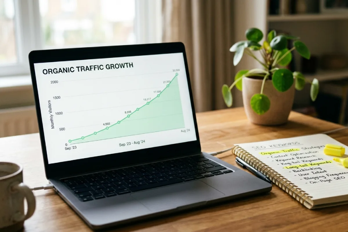Laptop showing an organic traffic growth chart beside a notebook of keyword research notes