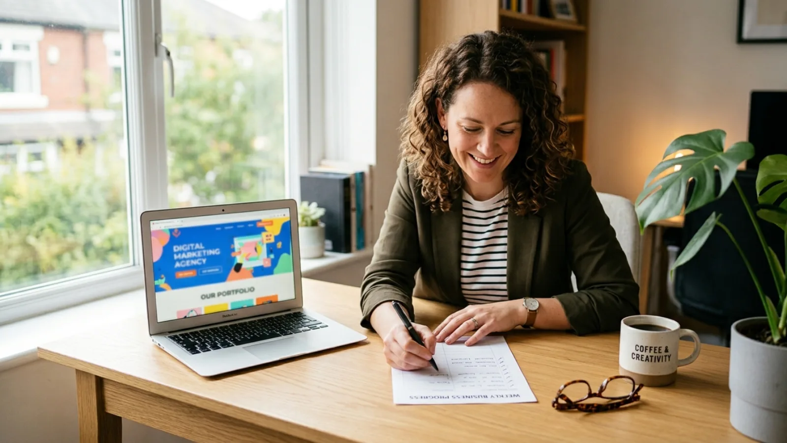 Business owner reviewing a printed checklist beside a laptop displaying a website