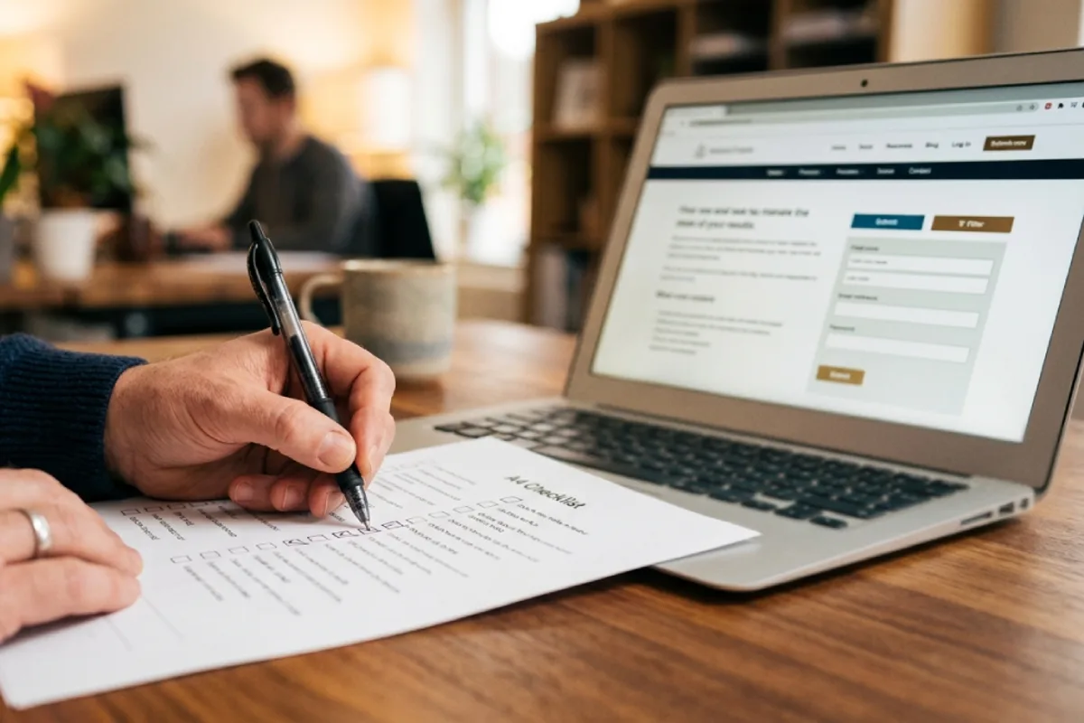 Hands marking a printed checklist beside a laptop displaying a contact form