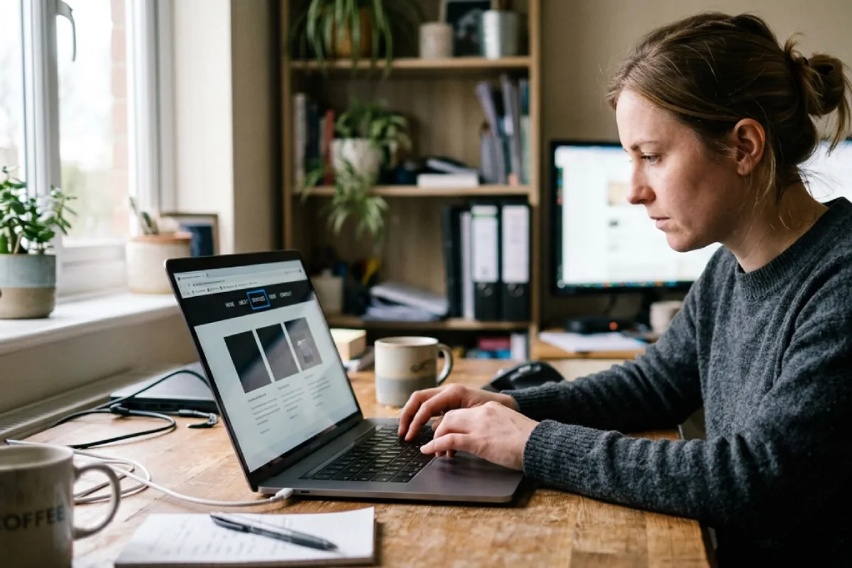 Person using a laptop keyboard with a website navigation item visibly highlighted