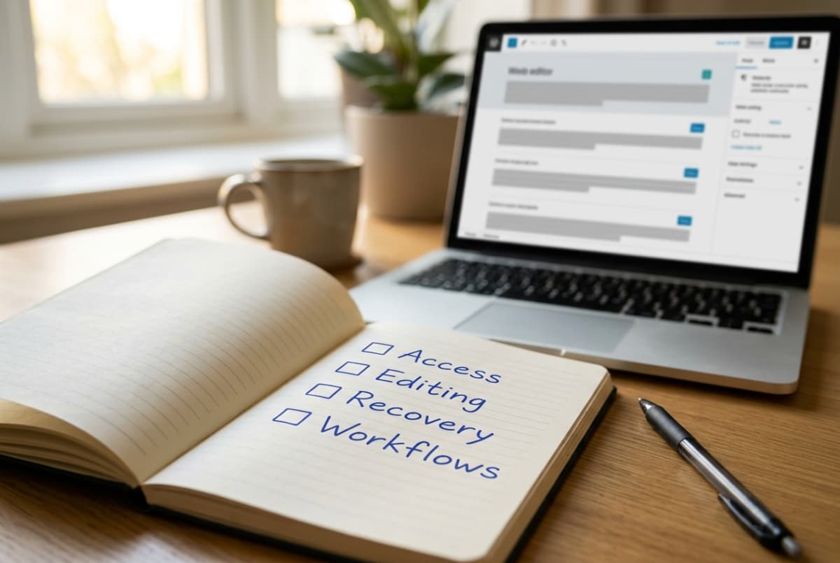 Illustrative receiving-side checklist for account access, editing, recovery and business workflows beside a laptop