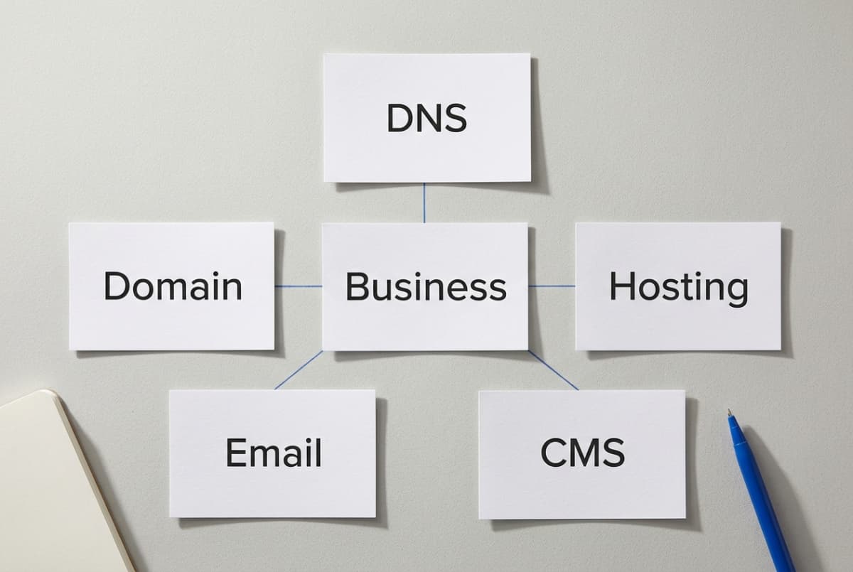 Illustrative diagram separating domain, DNS, hosting, email and CMS control around a business owner
