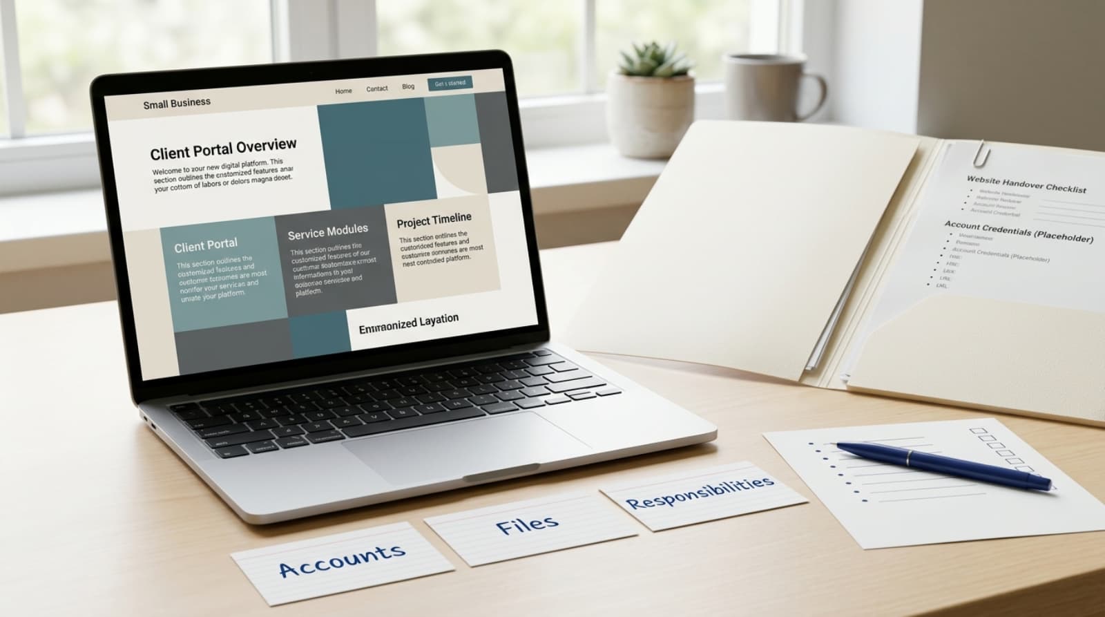 Illustrative desk with a website handover folder, laptop and checklist of accounts, files and responsibilities