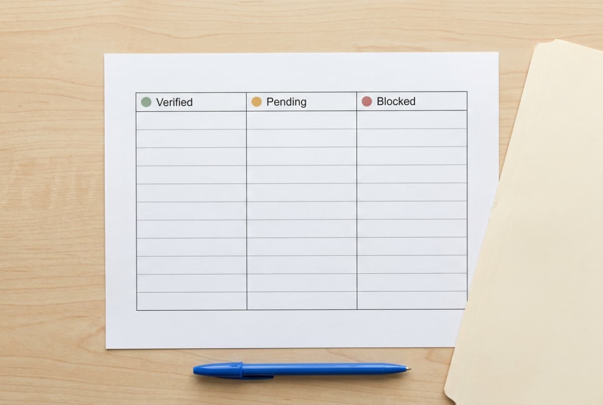 Illustrative handover worksheet with Verified, Pending and Blocked status columns and blank follow-up fields