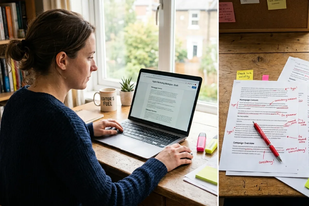 Editor proofreading website page content on a laptop with printed drafts and a red pen on the desk