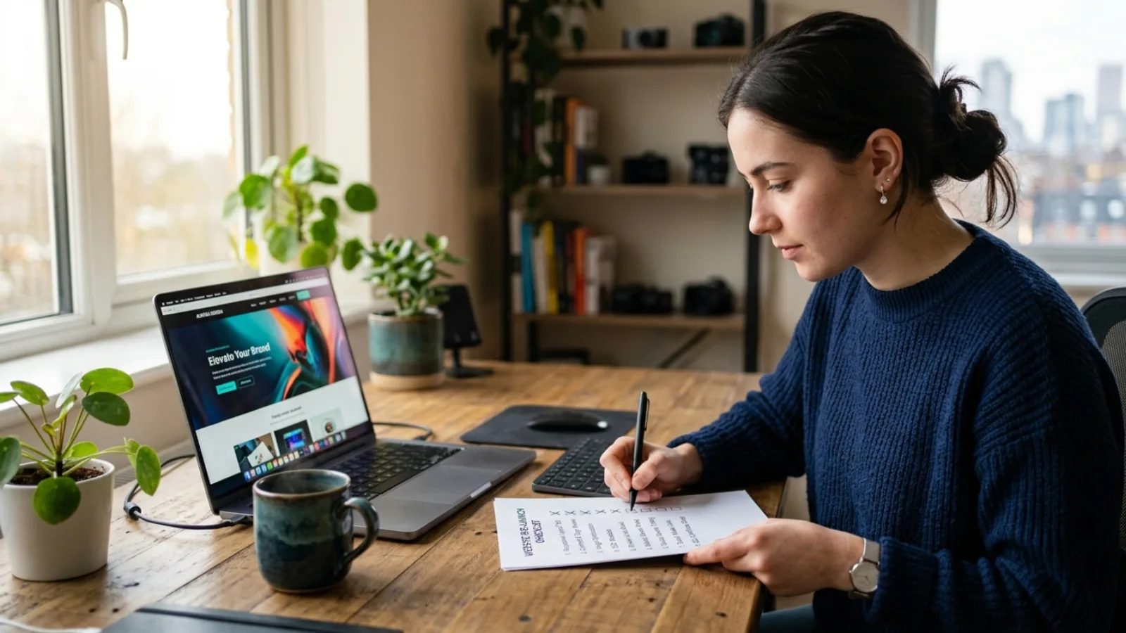 Web developer reviewing a printed launch checklist beside a laptop showing a website ready to go live