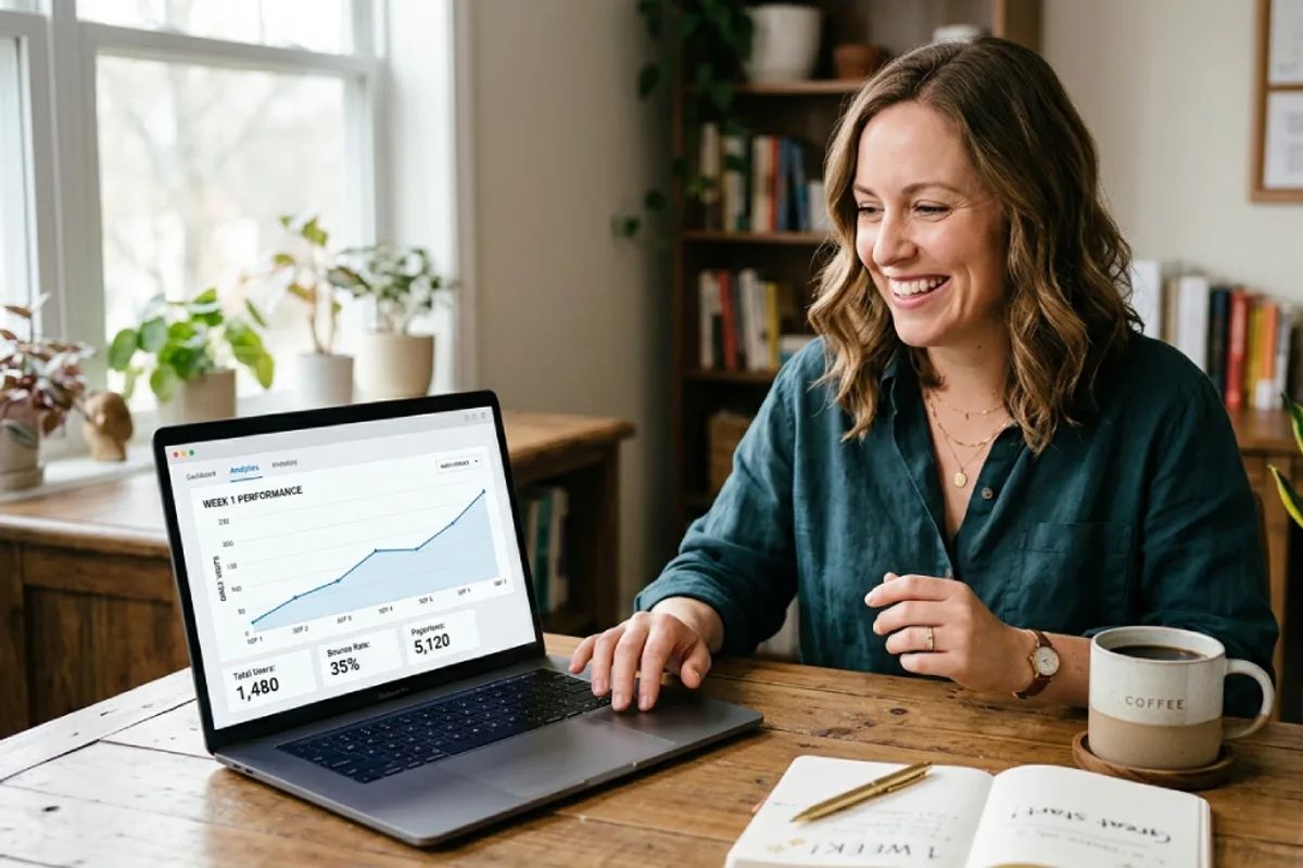 Business owner checking early website analytics on a laptop with a coffee, one week after launch