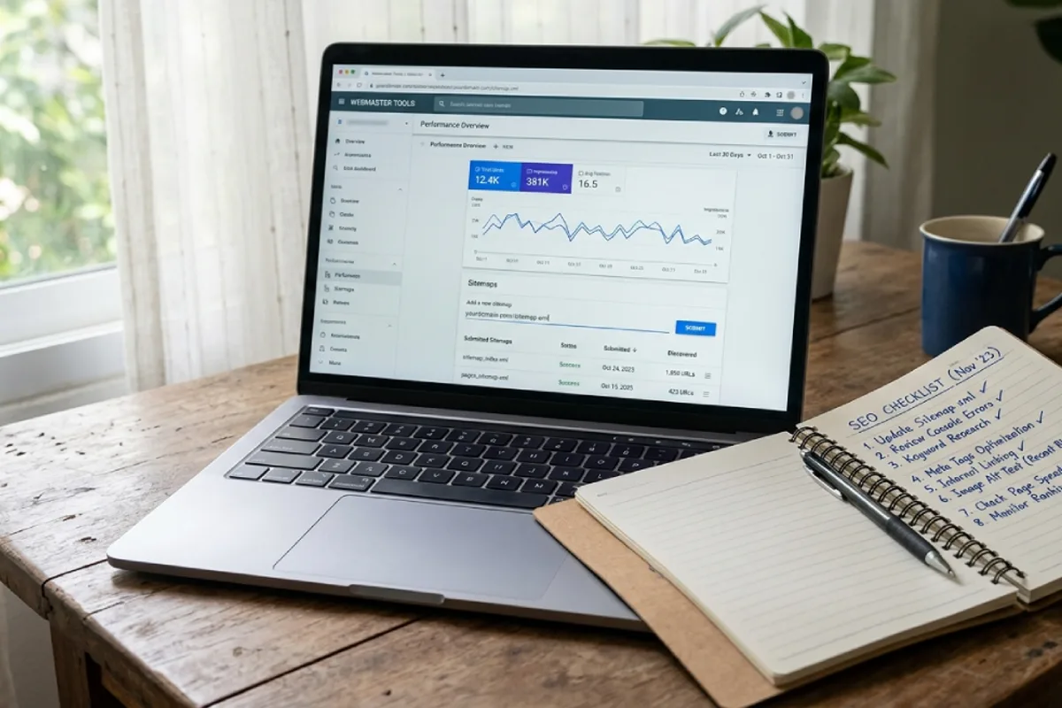 Laptop showing a search console interface with a sitemap submission screen beside a notebook