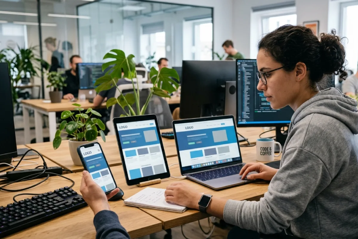 Developer testing a website on phone, tablet and laptop simultaneously at a workstation