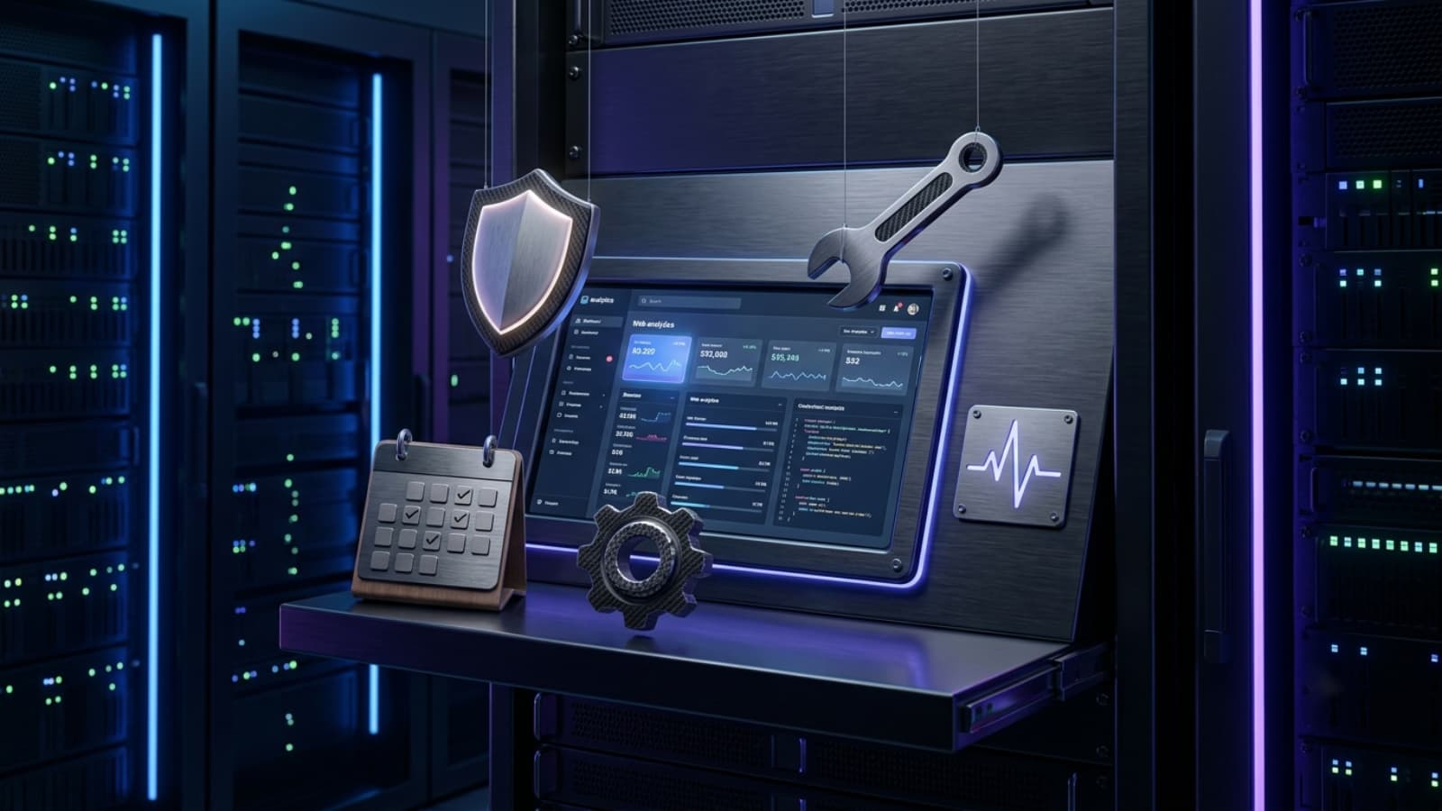 Website being serviced with repair tools, shield and maintenance schedule