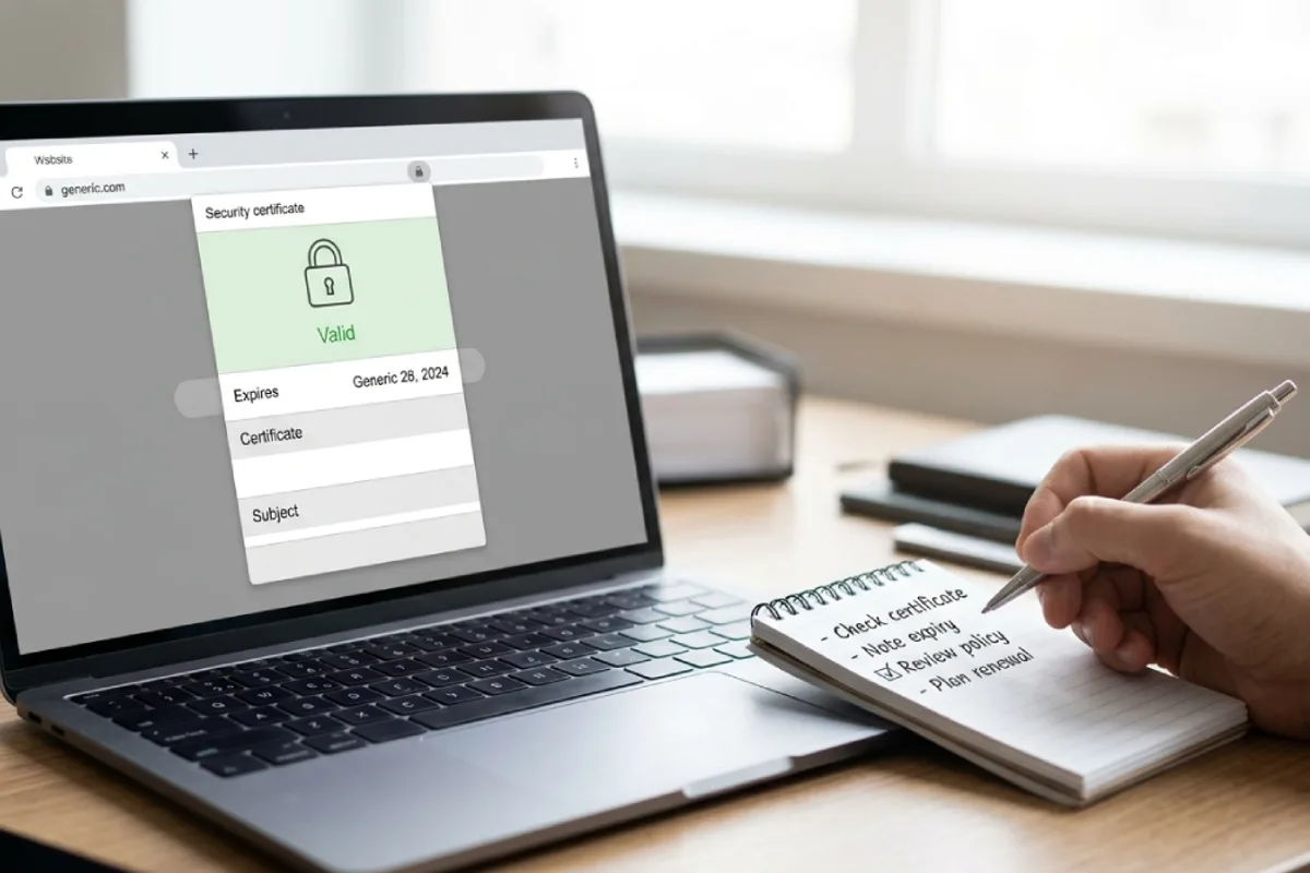 Laptop screen showing a browser certificate details panel next to a notepad