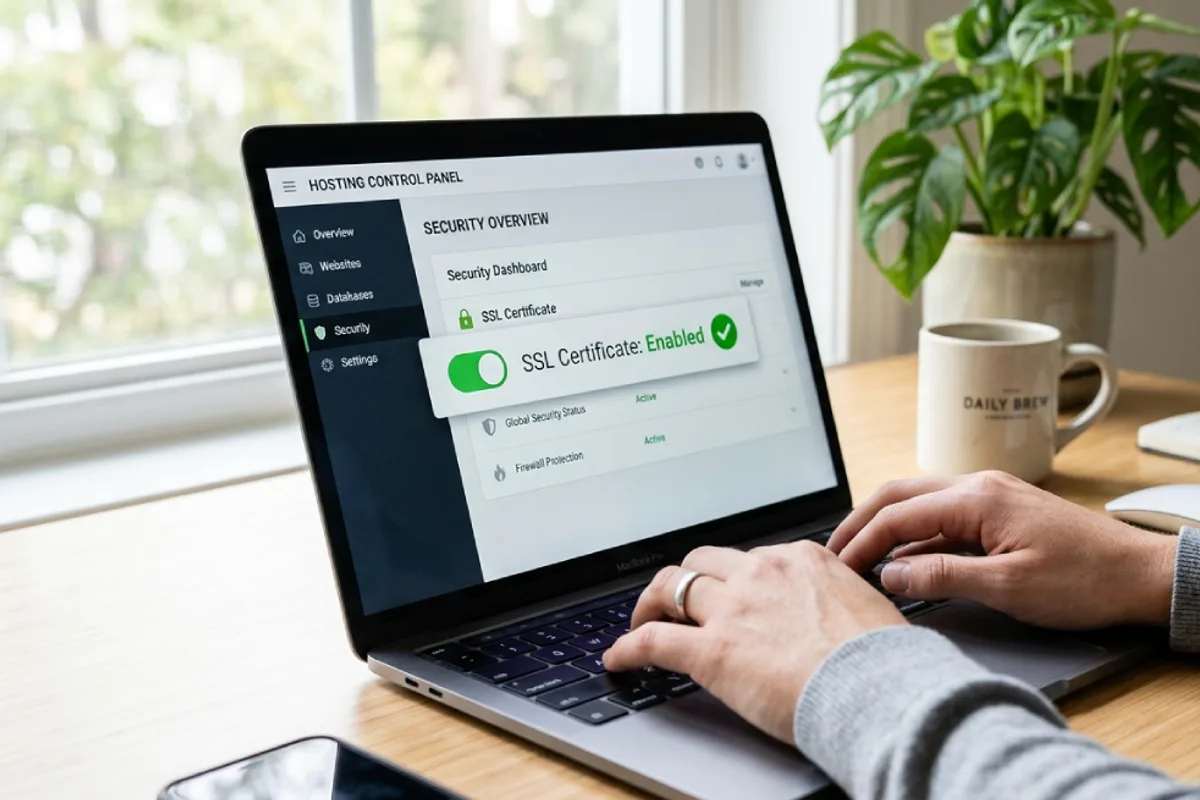 Hands typing on a laptop with a hosting control panel visible on screen