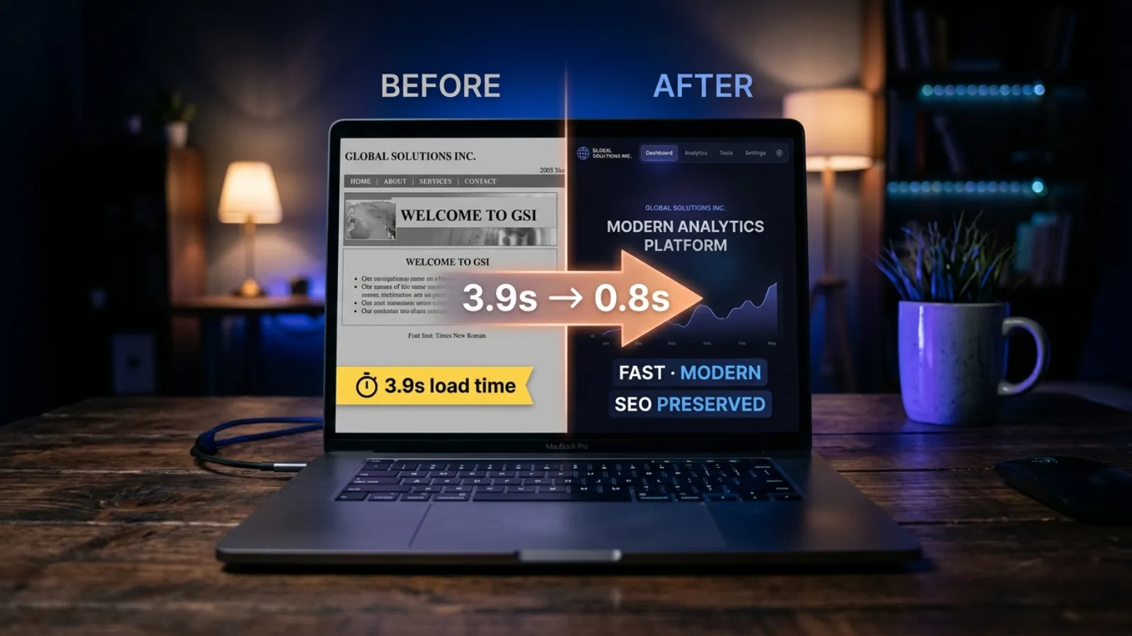 Designer working on a website redesign at night, comparing new page layouts on a laptop screen