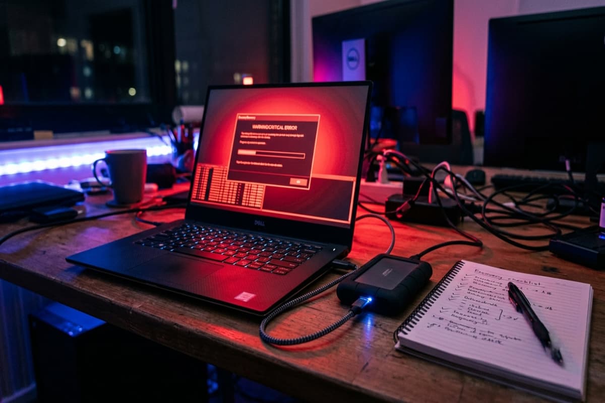 Emergency website recovery scene with backup drive connected and recovery checklist