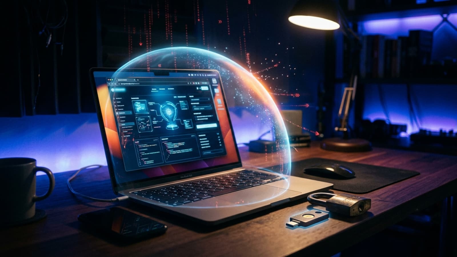 Laptop showing a website protected by a glowing security shield blocking intrusion attempts