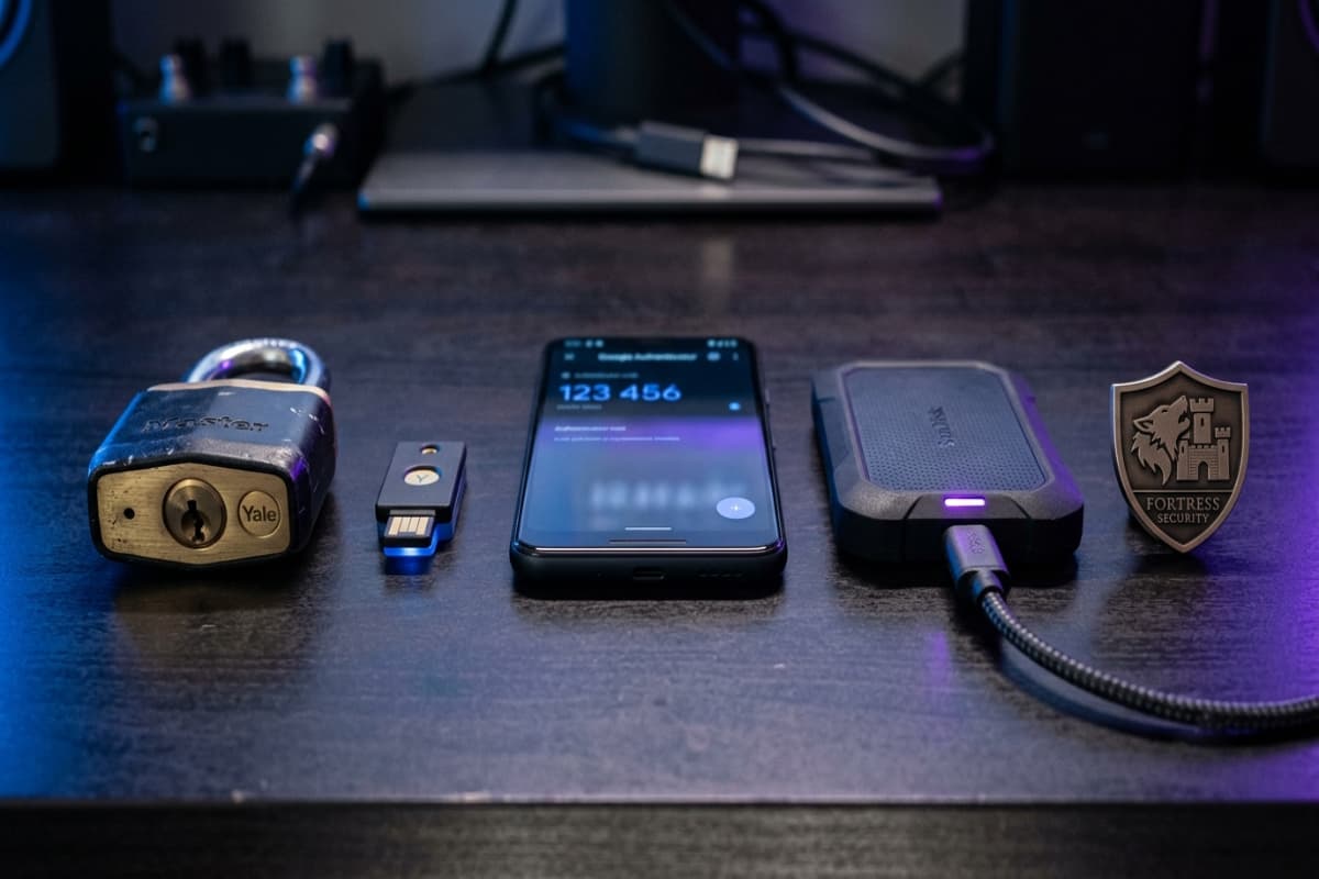 Security essentials laid out in a row: padlock, security key, authenticator, backup drive and shield