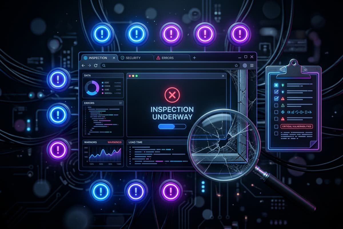 Website under inspection with warning indicators showing signs a redesign is needed