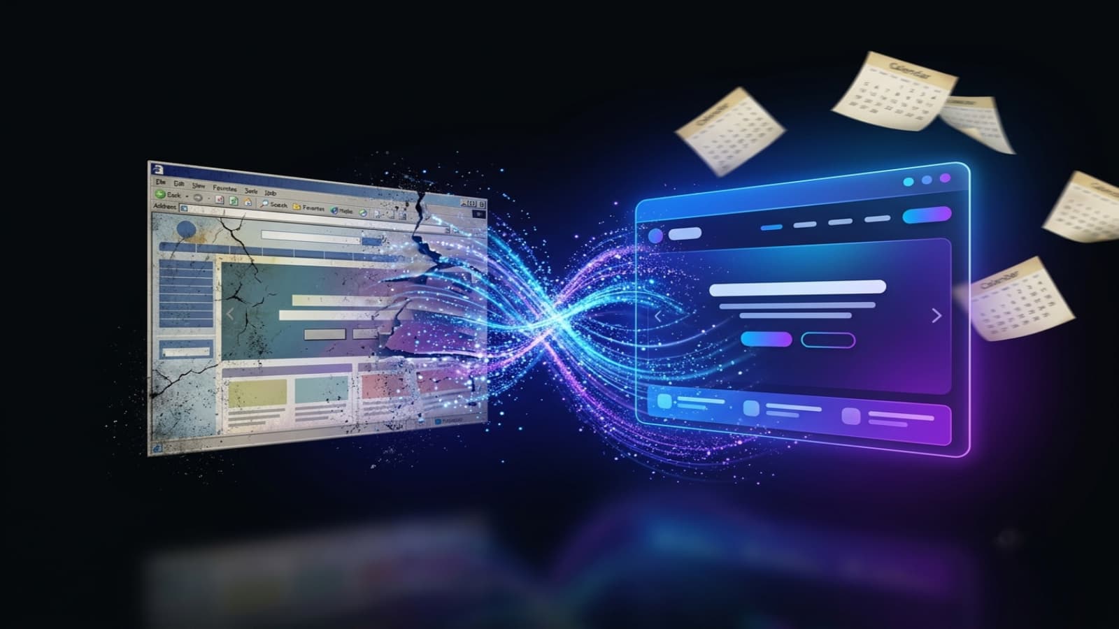 Old outdated website transforming into a modern redesigned website