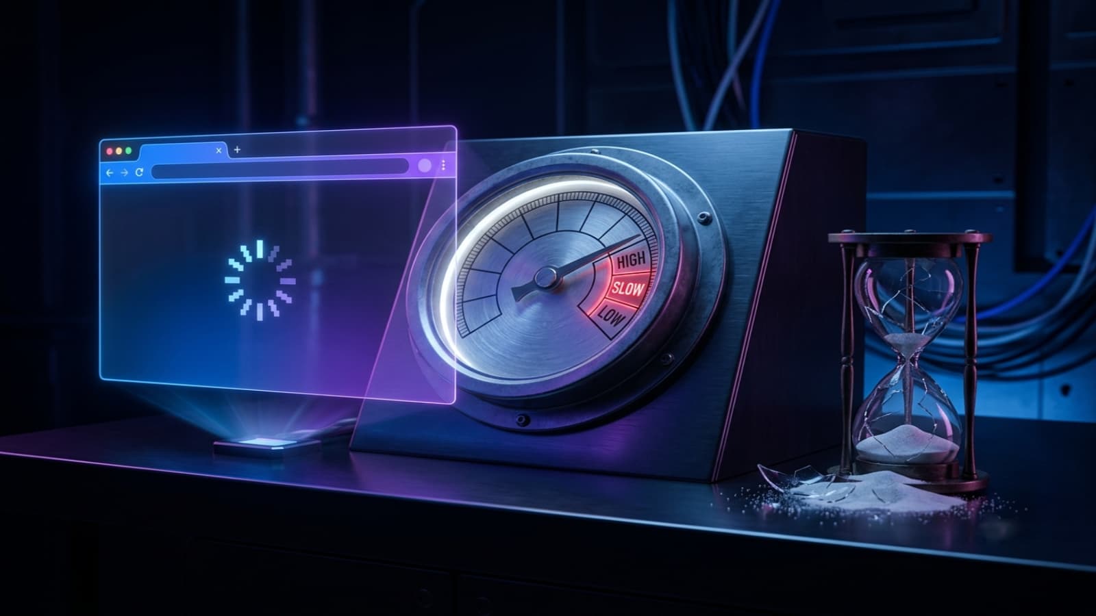 Speedometer gauge showing slow website loading speed on a browser window
